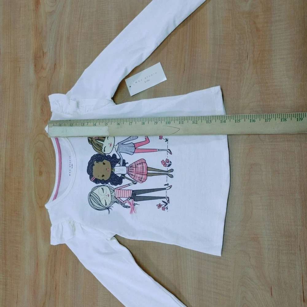 Max Studio Kids Girls White Long Sleeve Graphic T-Shirt Ruffle Shoulder Size 4